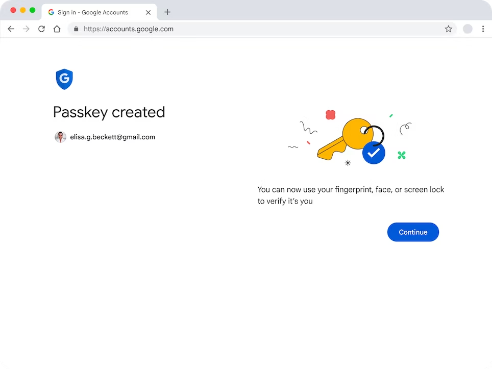 Google Accounts page with a success message reading 'passkey created'.