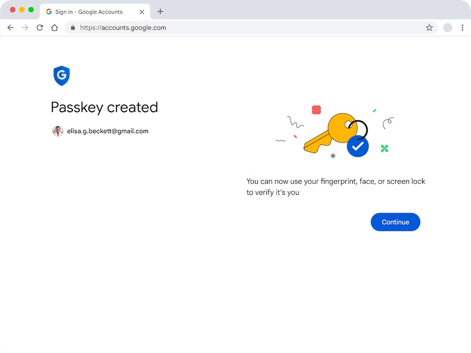 Страница учетных записей Google с сообщением об успешном завершении: «ключ доступа создан».