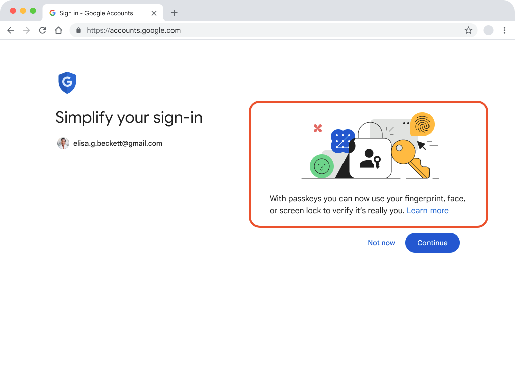 لقطة شاشة 
لصفحة "حسابات Google" مع تمييز رسالة "مفاتيح المرور" - نص الرسالة: 
تتيح لك مفاتيح المرور استخدام بصمة إصبعك أو وجهك أو قفل الشاشة لإثبات هويتك. مزيد من المعلومات