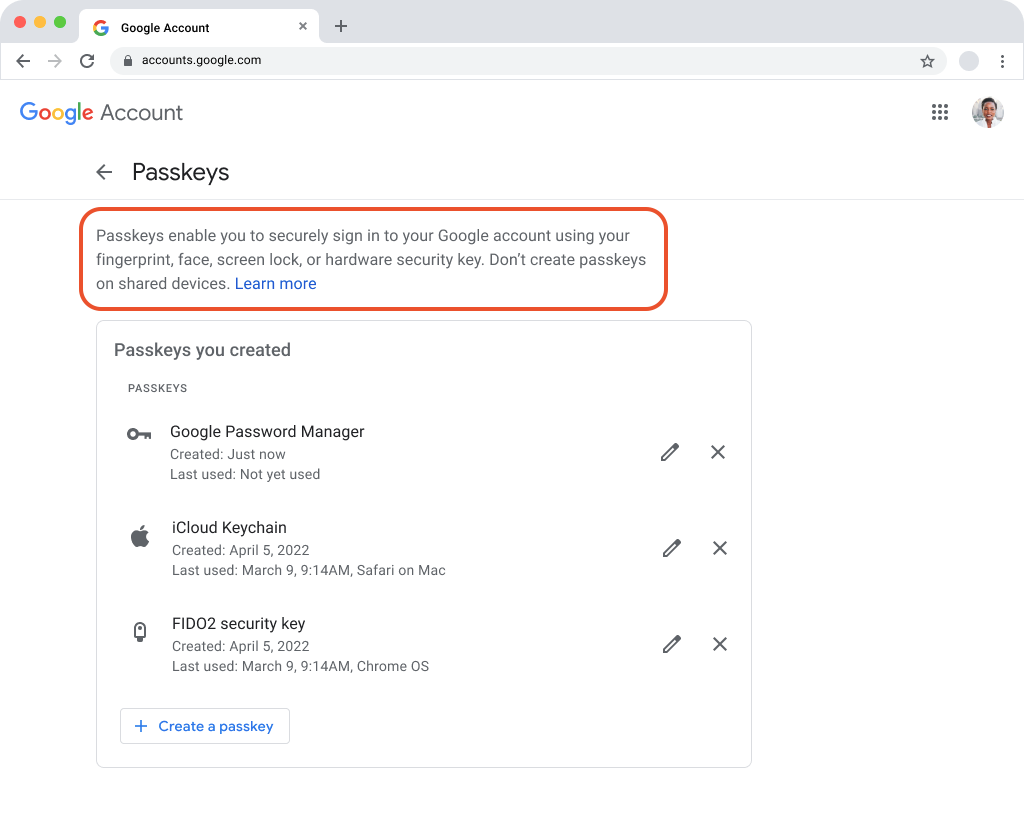 Screenshot of the passkeys page in Google Accounts with a description reading 'Passkeys enable you to securely sign in to your Google account using your fingerprint, face, screen lock, or hardware security key. Don't create passkeys on shared devices. Learn more'