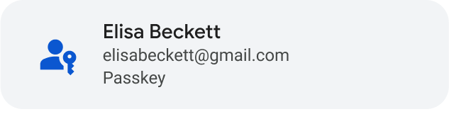 灰色按鈕，左側為一般藍色人像和鑰匙圖示，右側為「Elisa Beckett」，後方接著電子郵件地址和「密碼金鑰」字樣