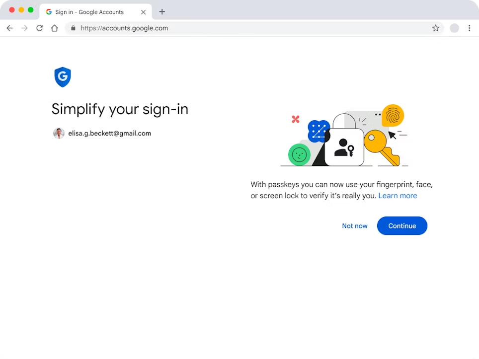 Google 帳戶頁面的螢幕截圖，當中顯示密碼金鑰的選擇加入訊息。