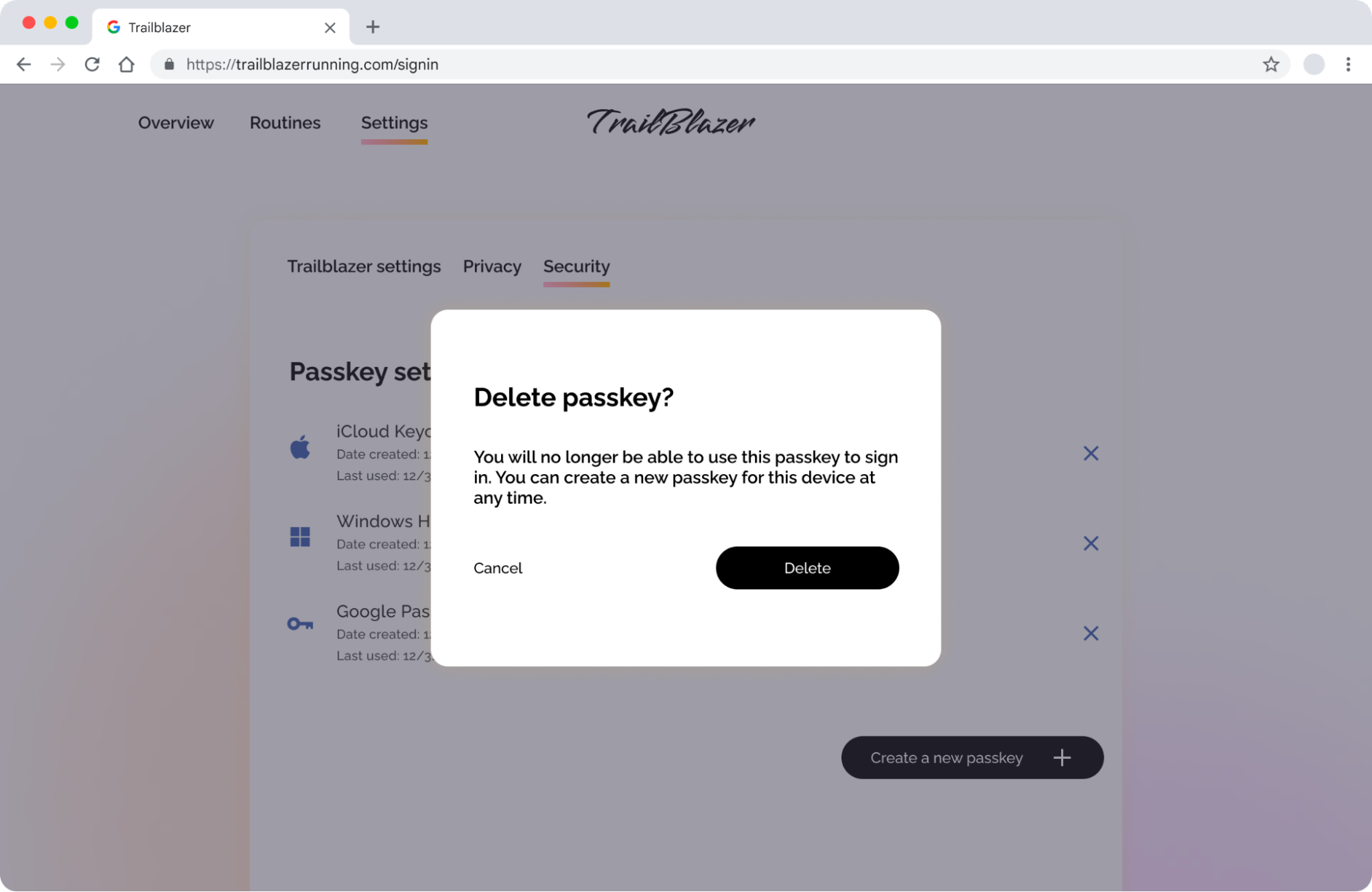 Screenshot of a pop-up prompt for deleting a passkey.