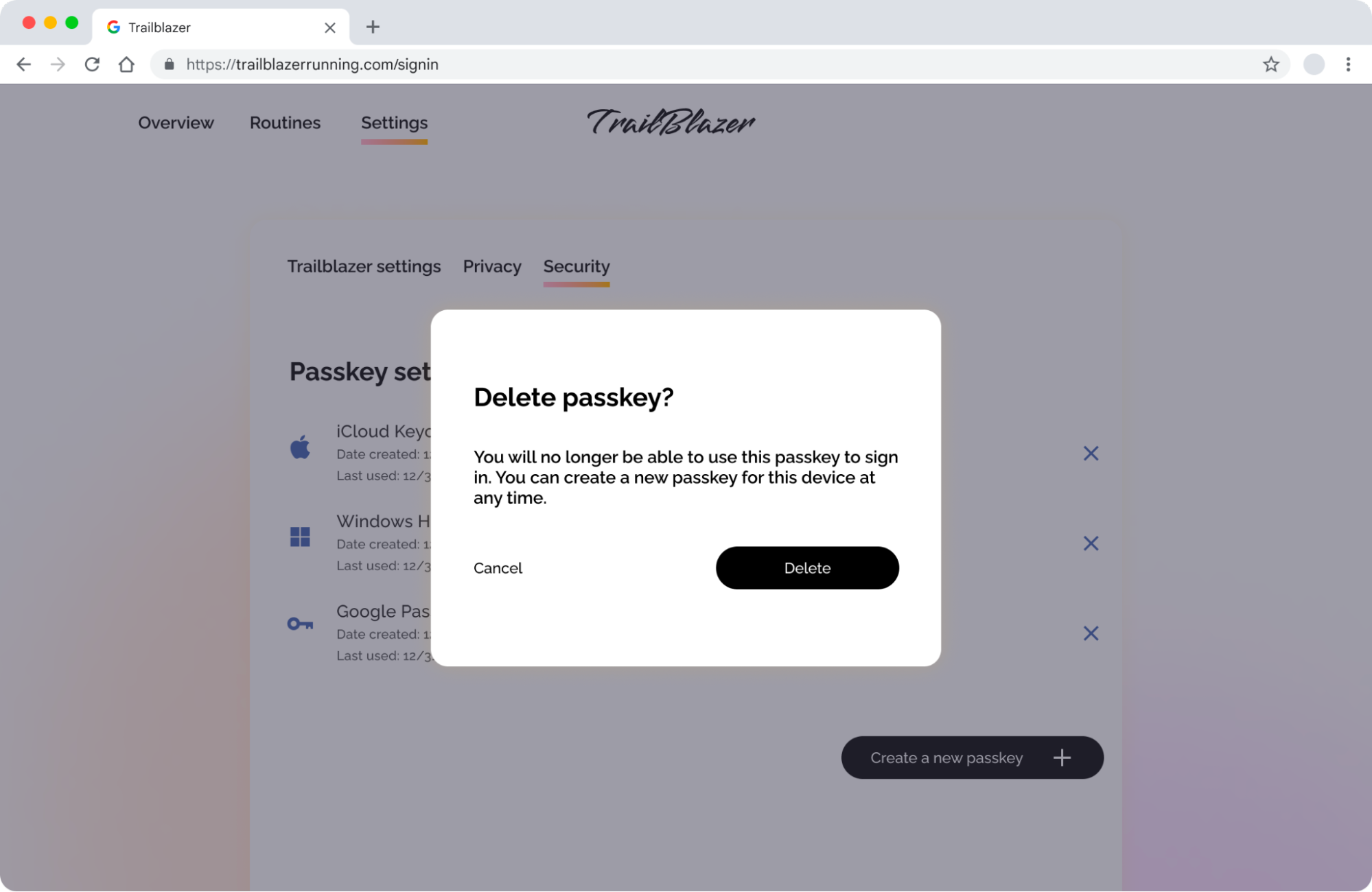 Screenshot di un prompt popup per l'eliminazione di una passkey.