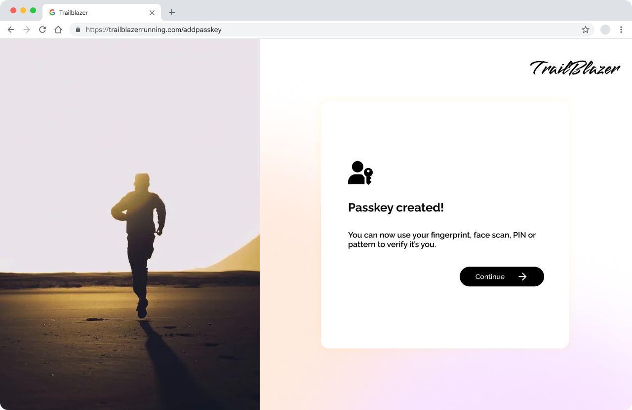 패스키를 성공적으로 만든 후의 Trailblazer 페이지 스크린샷