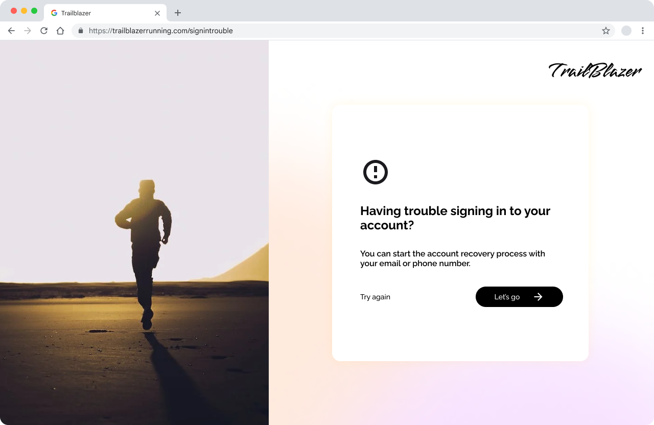 Zrzut ekranu strony Trailblazer z prośbą o rozpoczęcie procesu odzyskiwania konta.