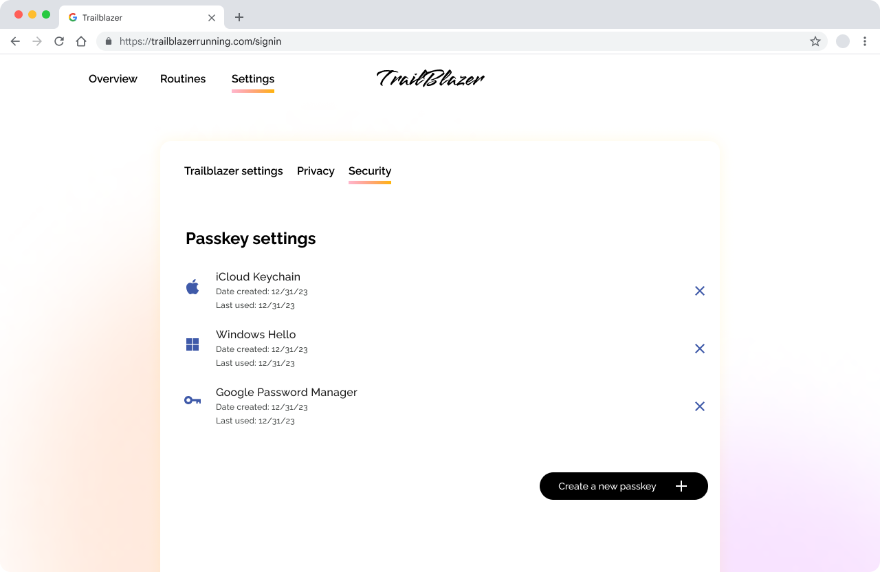 Trailblazer 設定頁面的螢幕截圖。「設定」分頁處於啟用狀態，並顯示密碼金鑰設定。