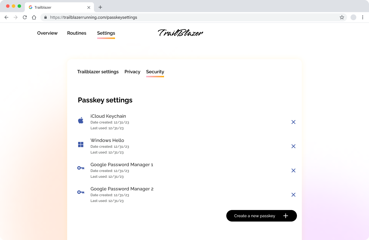 لقطة شاشة لصفحة إعدادات الأمان في Trailblazer تعرض إعدادات مفاتيح المرور وثلاثة مفاتيح مرور ومصادرها يتم تصنيف آخر اثنتين على أنّهما &quot;مدير كلمات المرور في Google 1&quot; و&quot;مدير كلمات المرور في Google 2&quot;.