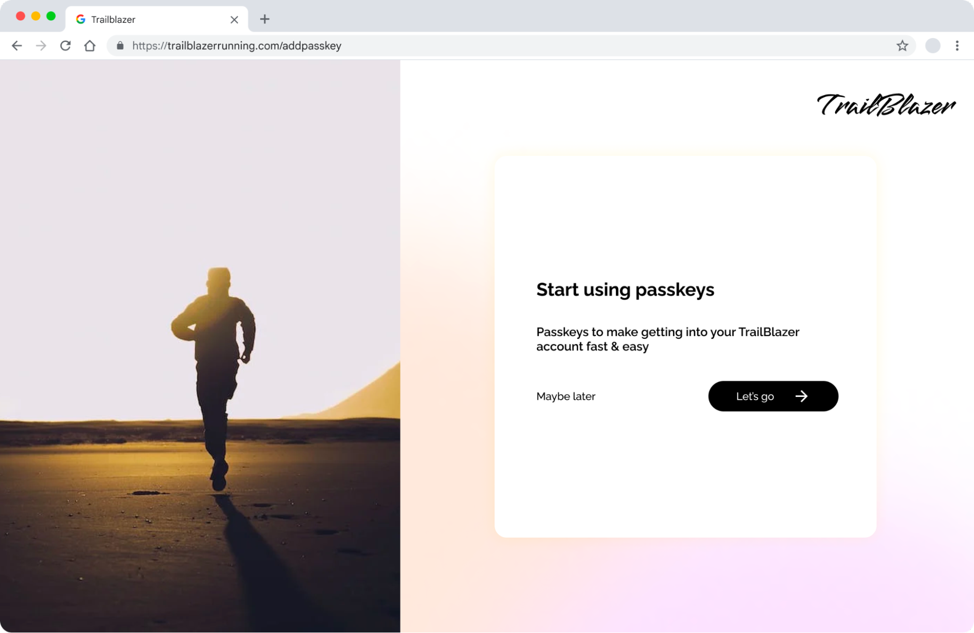 ภาพหน้าจอของหน้า Trailblazer หลังจากลงชื่อเข้าใช้ ข้อความแจ้งระบุว่า "เริ่มใช้พาสคีย์"