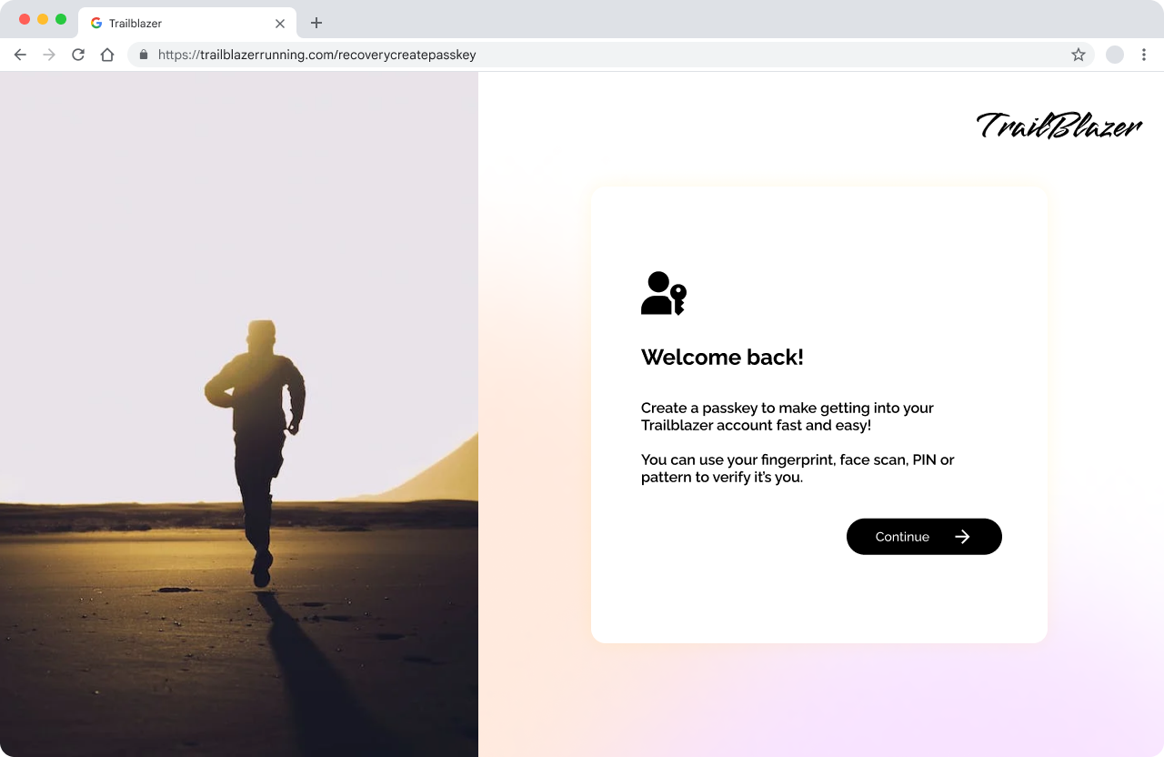 لقطة شاشة لصفحة Trailblazer تتضمّن رسالة "مرحبًا بعودتك" ومعلومات حول مفاتيح المرور