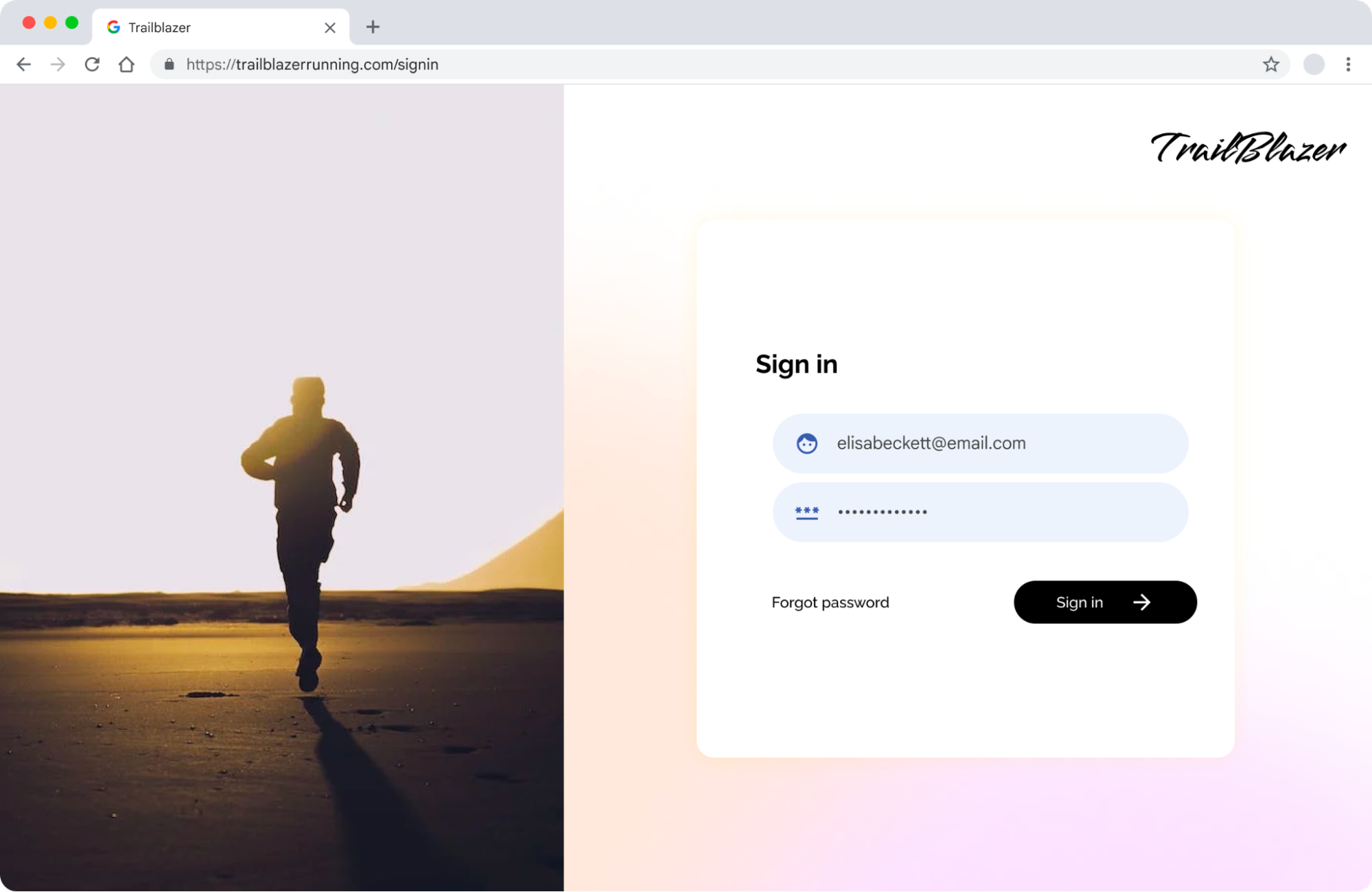Zrzut ekranu strony logowania w Trailblazerze z wypełnionymi polami adresu e-mail i hasła.