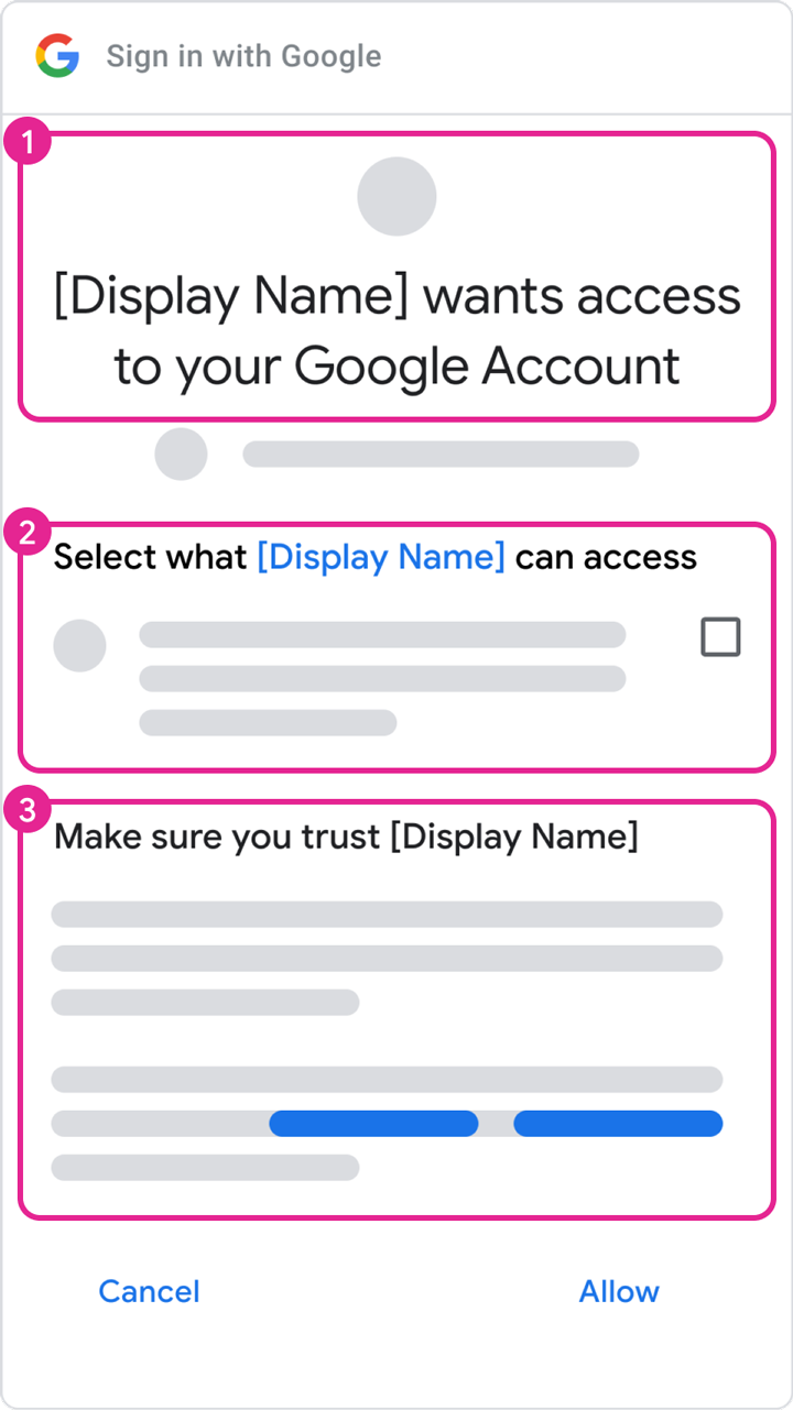 Las etiquetas numeradas ilustran diferentes funciones de una pantalla de consentimiento de OAuth de un proyecto con información de marca aprobada.