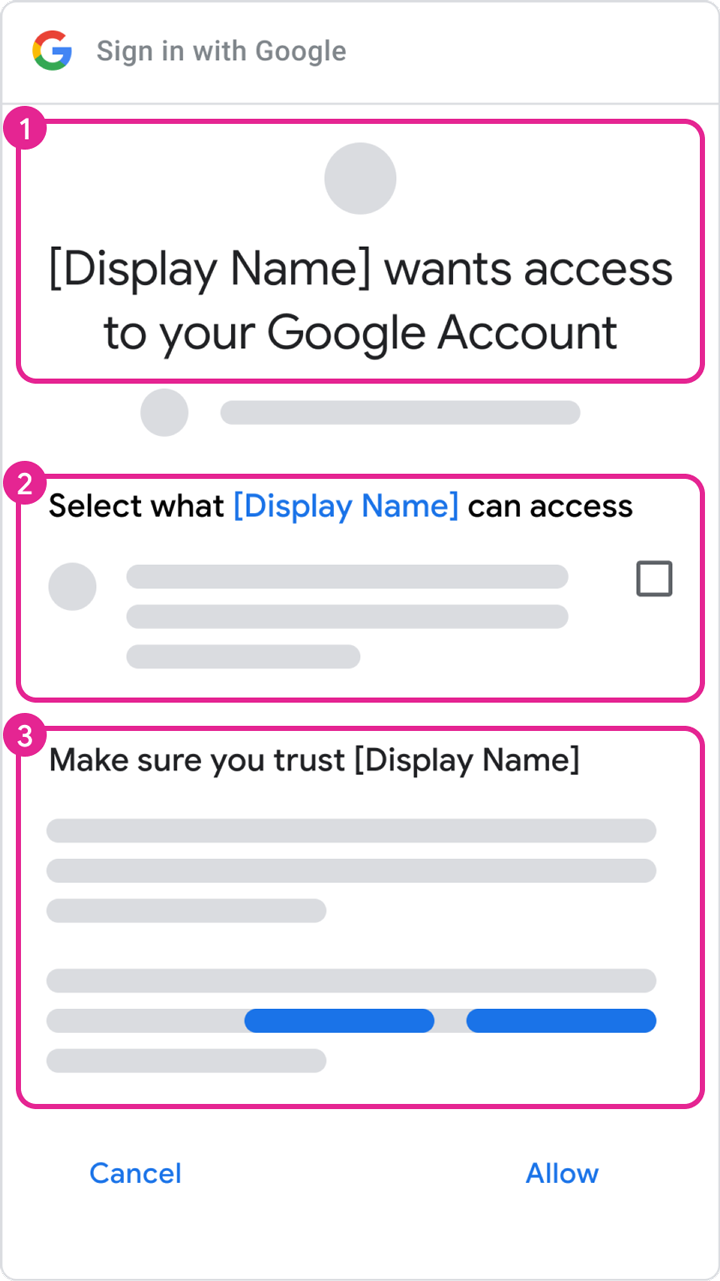 ป้ายกำกับที่มีหมายเลขแสดงฟีเจอร์ต่างๆ ของหน้าจอคำยินยอม OAuth จากโปรเจ็กต์
ที่มีข้อมูลแบรนด์ที่ได้รับอนุมัติ