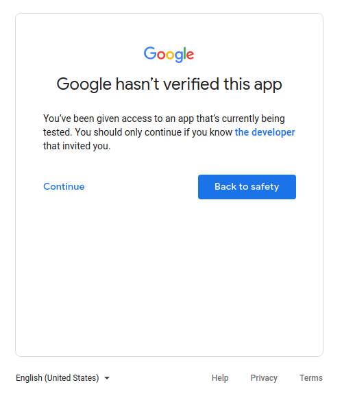 Mensaje de advertencia que indica que Google no verificó una app que se está probando