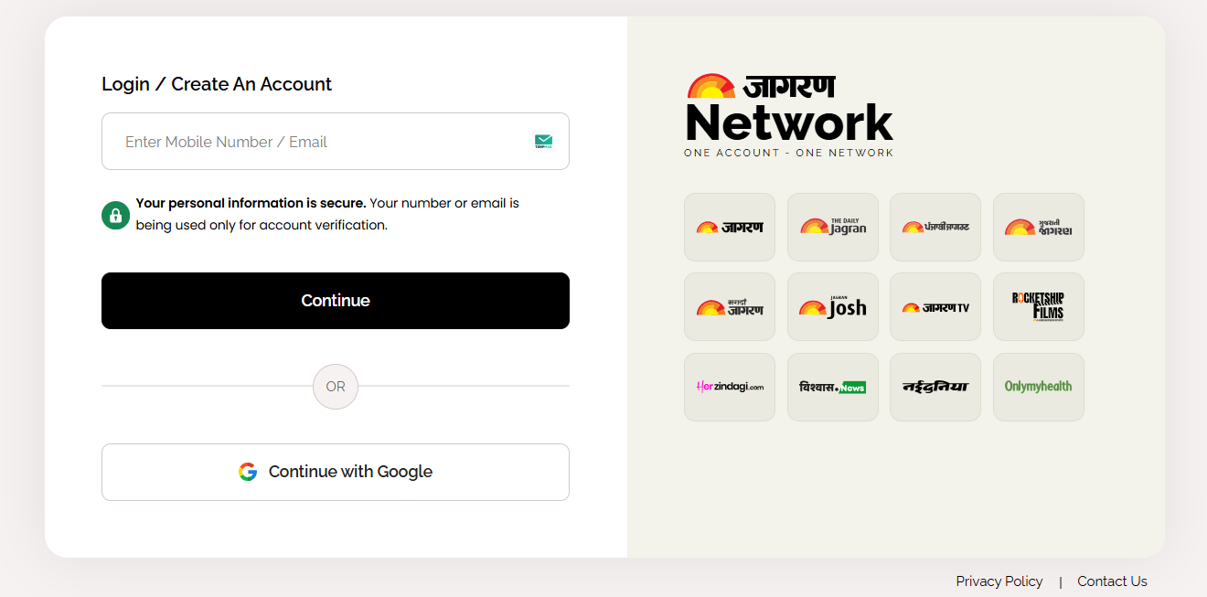 A screenshot of Jagran New Media sign in page on web.