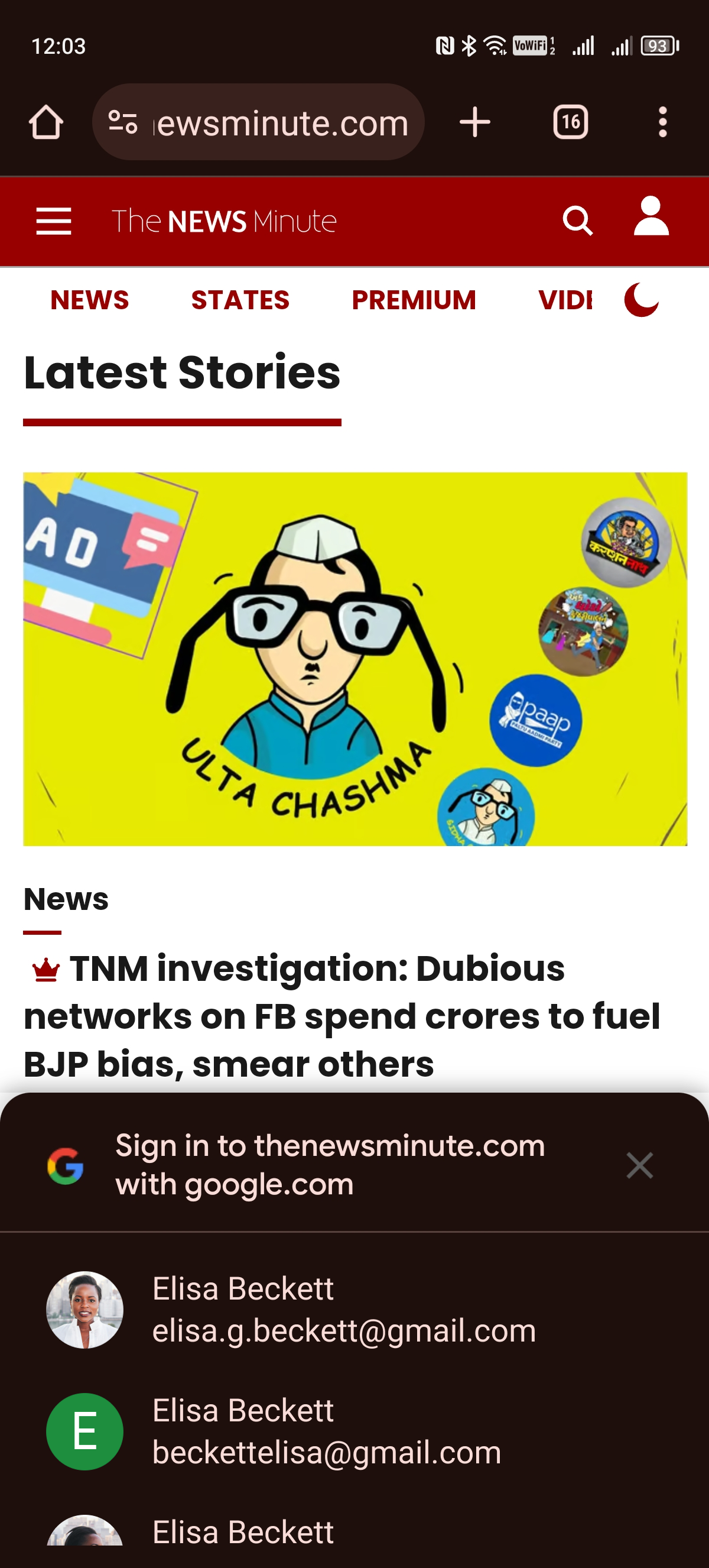 Uma captura de tela da página da Web para dispositivos móveis do The News Minute usando o recurso "Fazer login com o Google One Tap".