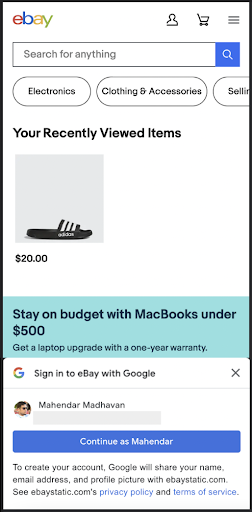 Captura de pantalla de una página web de eBay con One Tap de Google Identity en un dispositivo móvil.