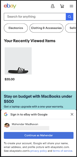 Capture d'écran d'une page Web eBay utilisant One Tap du service Google Identity sur mobile.