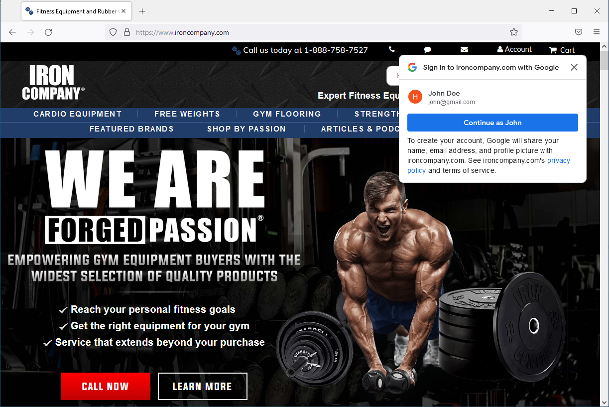 Uma captura de tela da página da Web da Iron Company usando o serviço de um toque do serviço de identidade do Google.