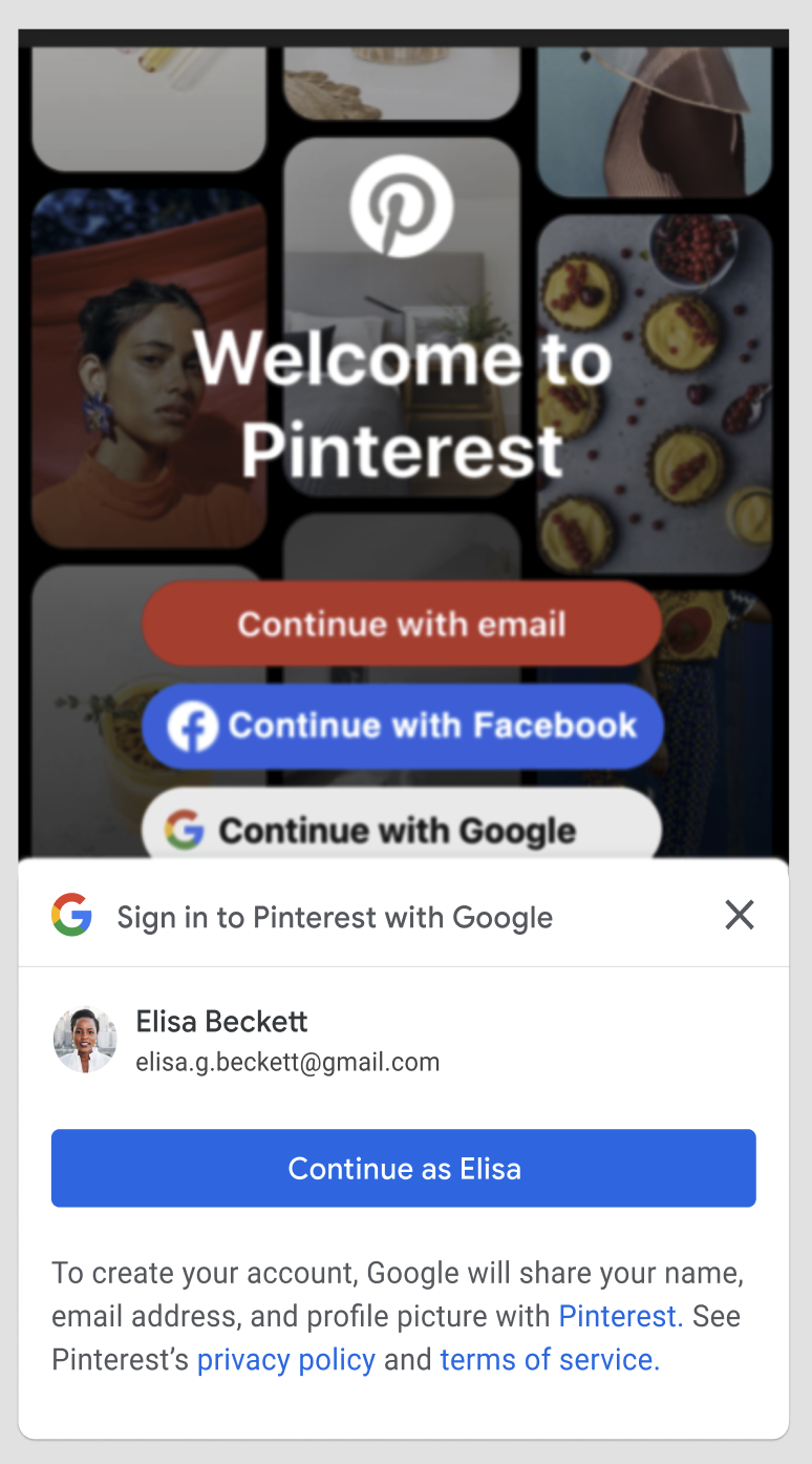 A screenshot of Pinterest Android app using Google Identity Service One Tap.