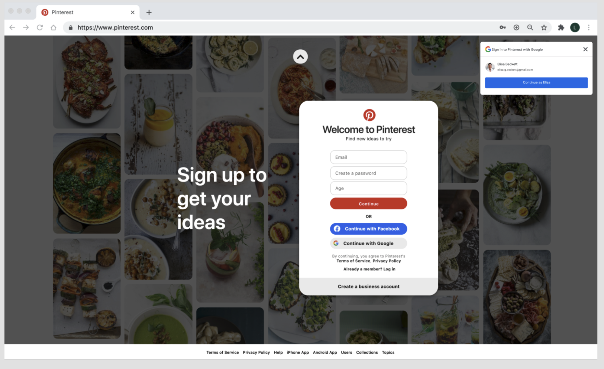 لقطة شاشة لصفحة الويب على Pinterest تستخدم "خدمة Google Identity" بنقرة واحدة