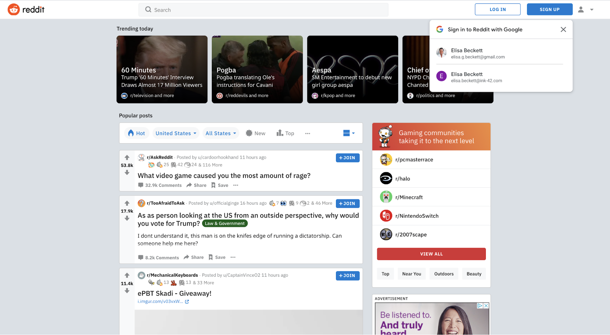 Google Identity Service One Tap'i kullanan Reddit web sayfasının ekran görüntüsü.