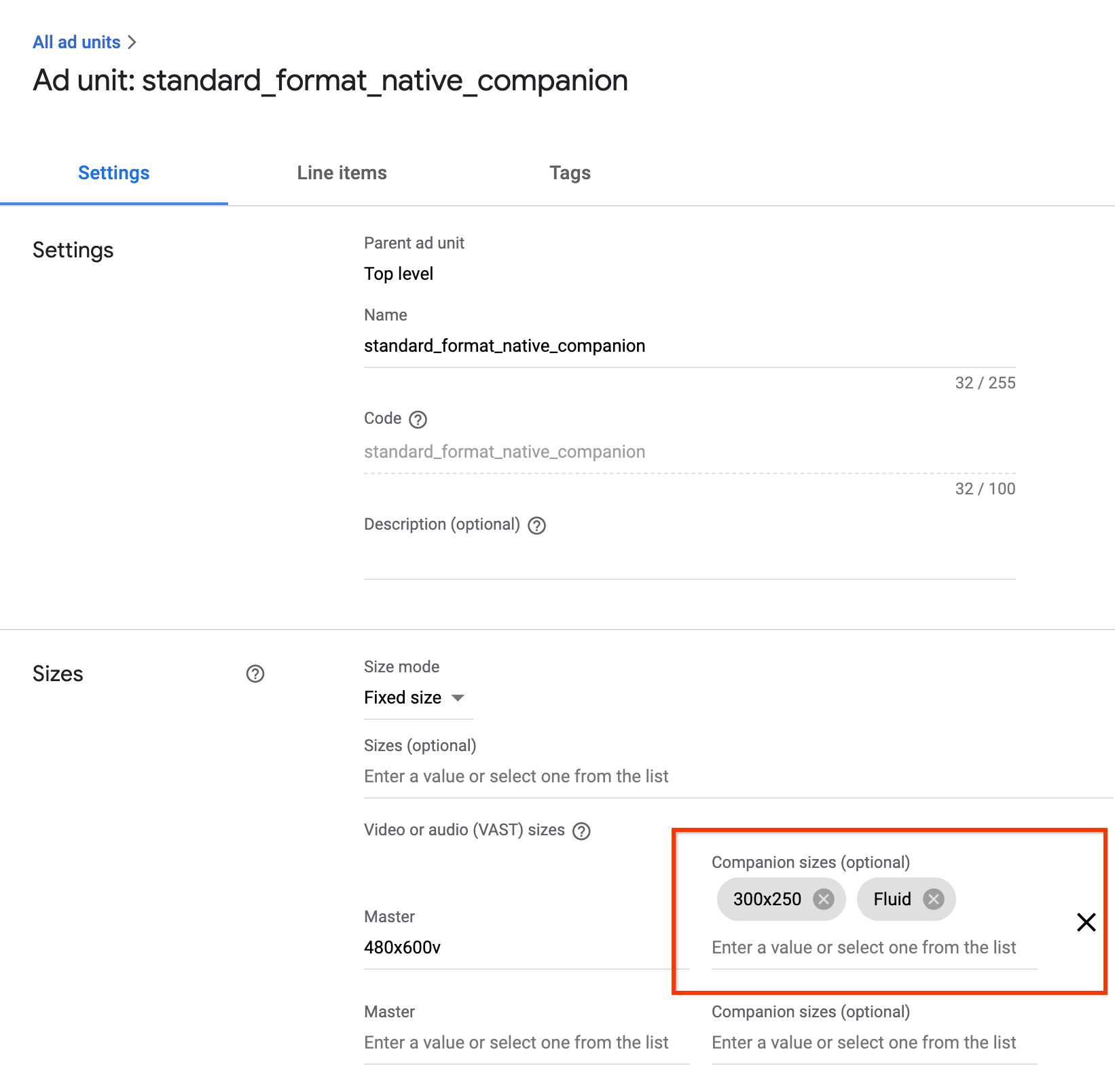 圖片:顯示 Ad Manager 的隨播廣告設定。醒目顯示隨播廣告素材大小選項。