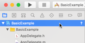 Imagem mostrando onde clicar no nome do projeto no painel esquerdo do Xcode