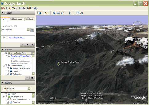 Google Earth'teki Machu Picchu Yer İşareti'nin ekran görüntüsü
