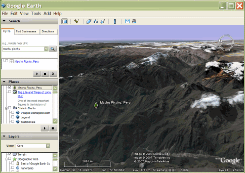 Google Earth में माचू पिचू प्लेसमार्क का स्क्रीन शॉट