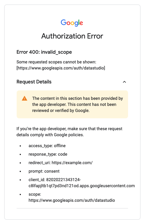 Un mensaje de error de OAuth 400 que indica que se solicitó un permiso no válido