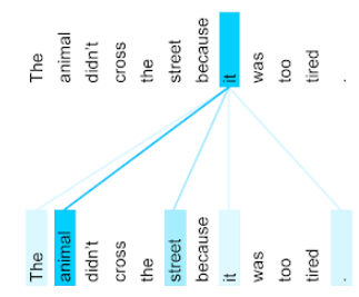 图 3. 句子“The animal didn't cross the street because it was too tired”（这只动物没有过马路，因为它太累了）中 11 个字词中每个字词与代词“it”的相关性。“animal”一词与代词“it”的相关度最高。
            