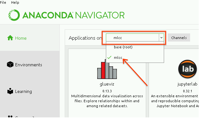 Anaconda Navigator のスクリーンショット。&#39;mlcc&#39; を環境プルダウンから選択しています。