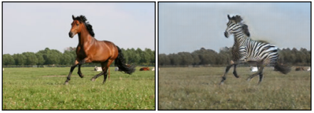 走っている馬の画像と、馬がシマウマである場合を除き、すべての点で同一の 2 つ目の画像。