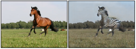 Un'immagine di un cavallo che corre e una seconda
immagine identica in tutti gli aspetti, tranne per il fatto che il cavallo è una zebra.