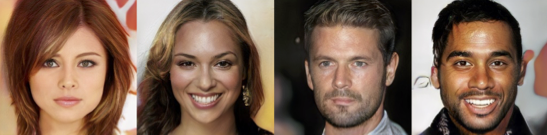 Bild von vier fotorealistischen Gesichtern, die mit einem generativen Adversarial Network erstellt wurden.
