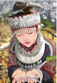 Un dipinto di una ragazza che indossa un elaborato copricapo. La fascia del copricapo è lavorata a maglia con un motivo complesso.