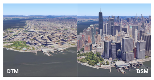 Eine 3D-Karte, die den Unterschied zwischen dem digitalen Geländemodell (Digital Terrain Model, DTM) und dem digitalen Oberflächenmodell (Digital Surface Model, DSM) zeigt.