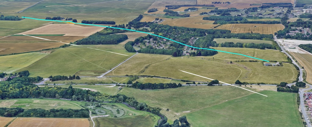 Una mappa 3D che mostra linee bianche e blu che scompaiono in una collina, con la linea viola nascosta, che illustra gli artefatti visivi delle linee assolute e relative alla mesh.