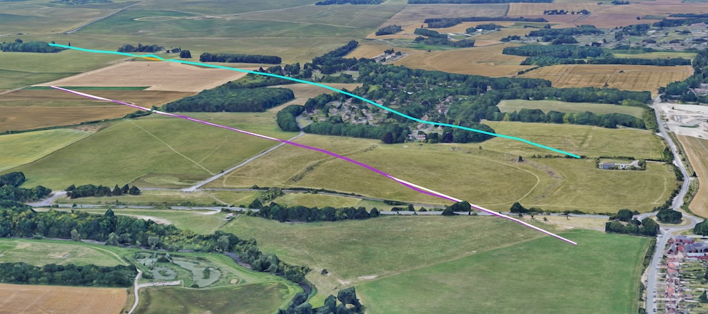 Carte 3D montrant des lignes de différentes couleurs (blanc, bleu, violet, orange) sur un terrain relativement plat, mettant en évidence des artefacts visuels où les lignes disparaissent dans le sol.