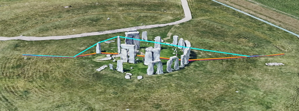 Peta 3D yang menampilkan beberapa garis berwarna (oranye, biru) di sekitar Stonehenge, dengan garis putih dan ungu yang bergabung karena kurangnya data ketinggian.