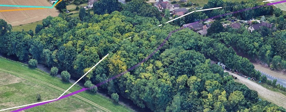 Una mappa 3D che mostra linee che passano attraverso gli alberi, con segmenti occlusi resi visibili per illustrare l&#39;occlusione dei segmenti: true.