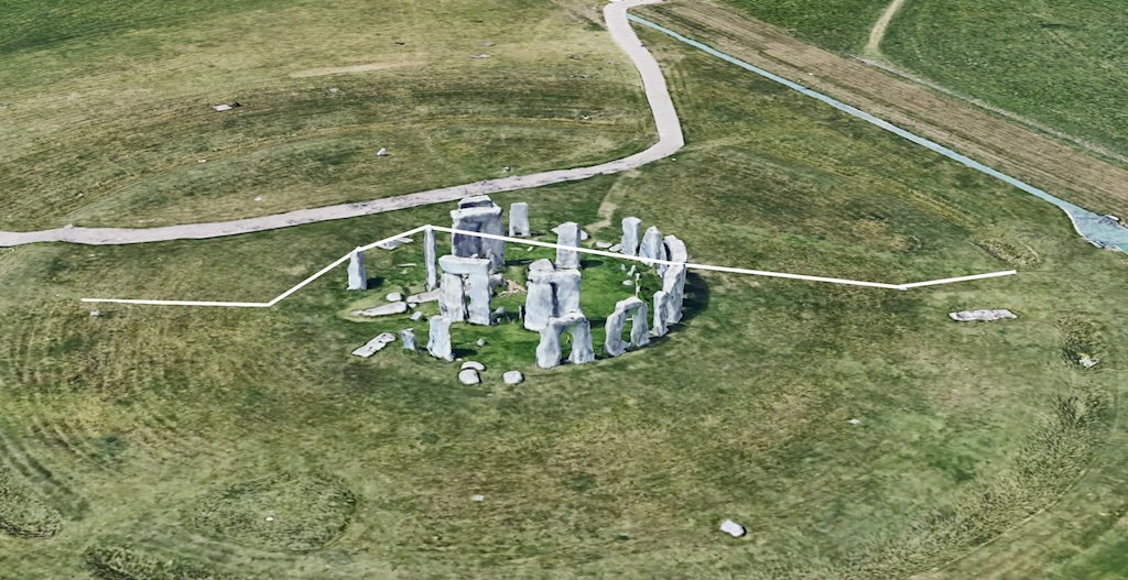 Mutlak konumlandırma kullanılarak Stonehenge&#39;in etrafına yerleştirilmiş beyaz bir çizgiyi gösteren 3D harita.