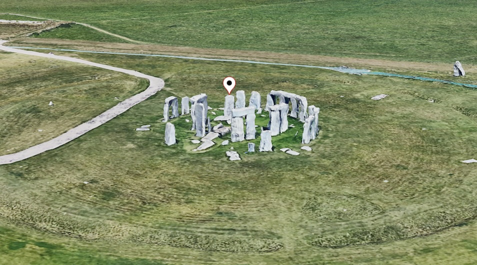 Uma cena de mapa em 3D com um marcador de alfinete branco, ilustrando o posicionamento padrão de um marcador.