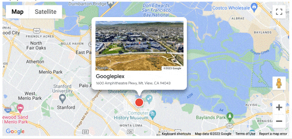 GIF animasi yang menampilkan peta dengan kartu informasi berisi video Tampilan Udara kompleks Googleplex. Kartu informasi ini muncul saat kursor diarahkan ke penanda yang relevan.