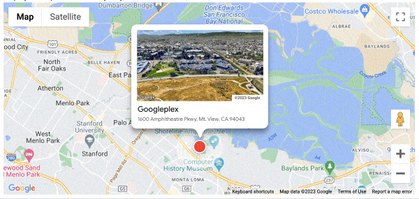 動畫 GIF：地圖上顯示 Googleplex 園區的鳥瞰圖影片，並附上懸停資訊卡。將游標懸停在相關標記上時，就會顯示這張懸浮資訊卡。