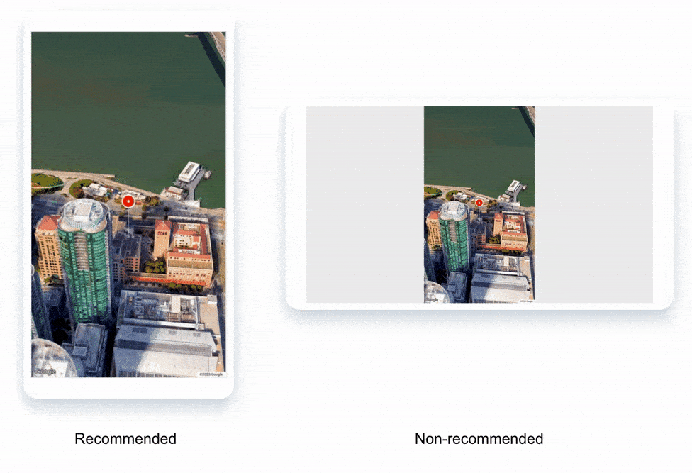 GIF animado que muestra dos dispositivos, uno en modo vertical y el otro en modo horizontal. Ambos dispositivos muestran el video en modo vertical. Debajo del dispositivo en modo retrato, se escribe Recomendado, y debajo del dispositivo en modo horizontal, se escribe No recomendado.