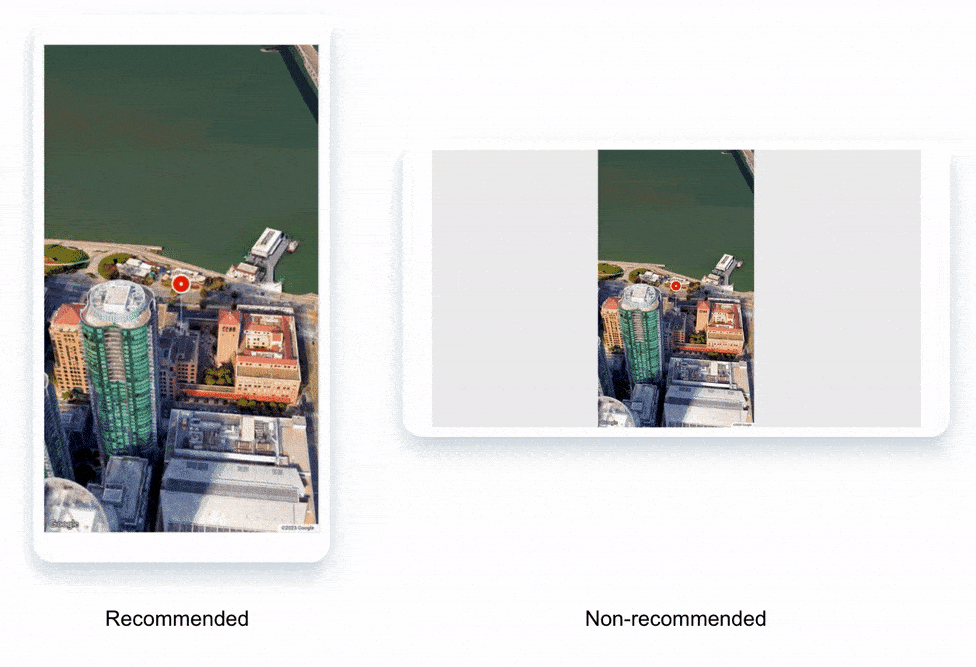 GIF animé montrant deux appareils, l&#39;un en mode portrait et l&#39;autre en mode paysage Les deux appareils affichent la vidéo en mode Portrait. Il est recommandé d&#39;écrire sous l&#39;appareil en mode portrait, et non recommandé sous le paysage.