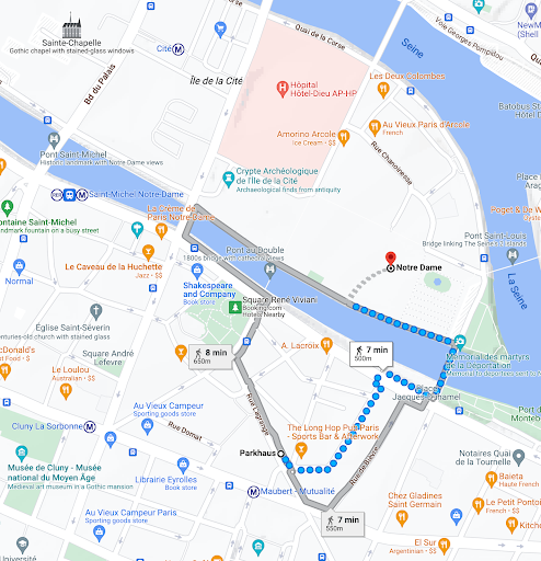 從停車場到巴黎聖母院的步行路線