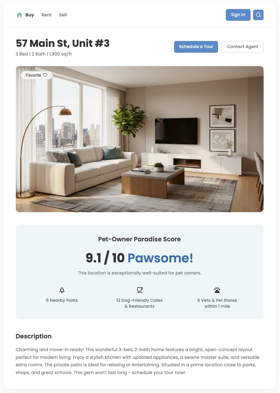 Объект недвижимости с рейтингом Pet-Owner Paradise Score 9,1, основанным на наличии близлежащих парков и мест, где разрешено содержать собак.
